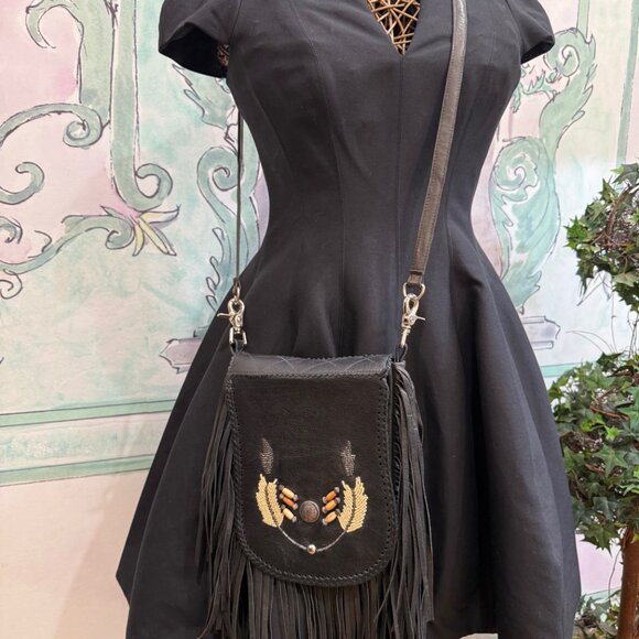 Genuine Leather Boho/Texas Chic Crossbody w/Fringe & Beads by FREEDOM Leathers - Picture 2 of 16